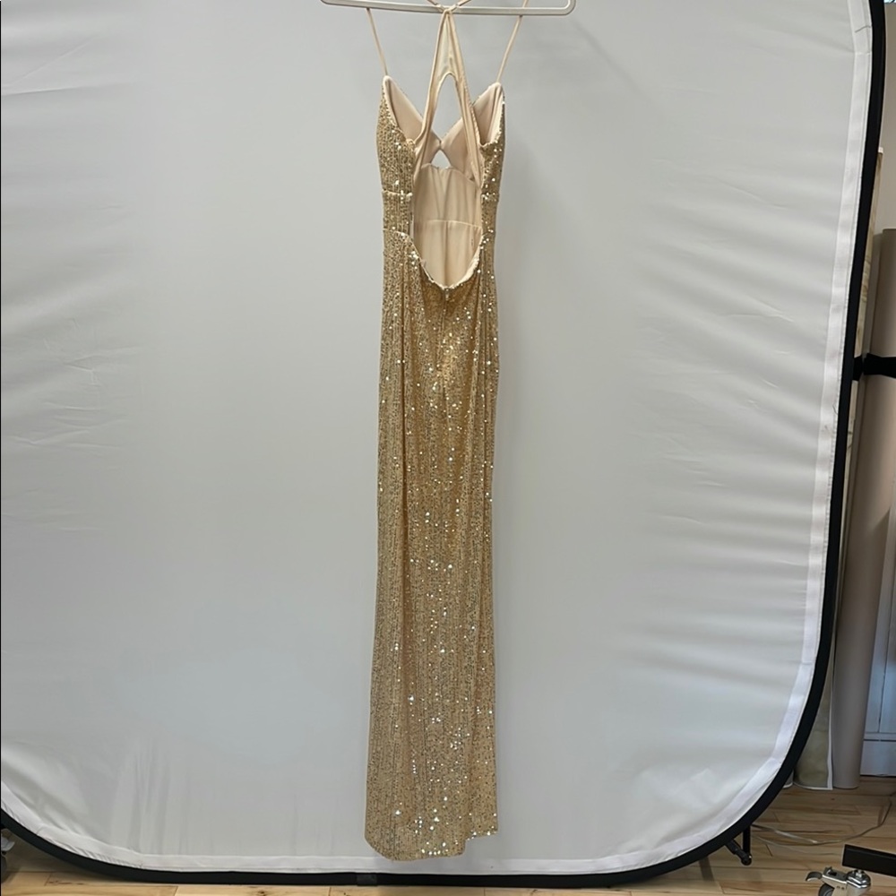 Gold Sequin Spaghetti Strap Full Length Gown - Picture 4 of 7